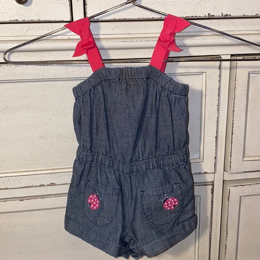 Gymboree 3-6 months blue denim romper pink ribbon